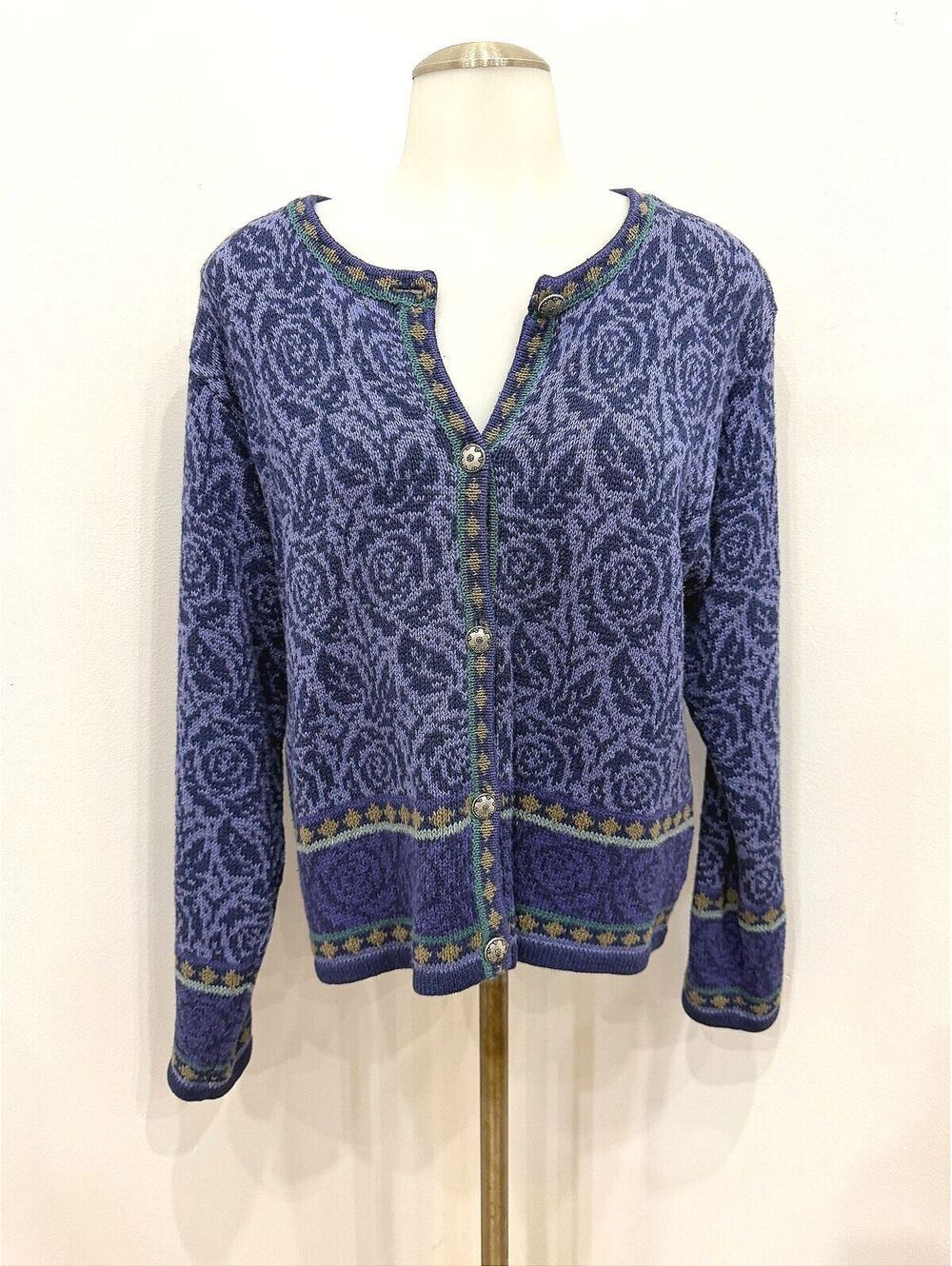 Vintage Nomadic Traders Purple Patterned Wool Cardigan Sweater Decorative